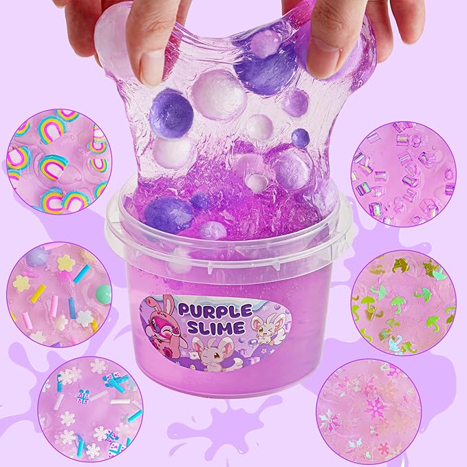 Purple Slime Kit, Clear Slime Bucket, Slimes Party Favors for Kids, Crunchy Slimes Includes 10 Packs of Add-ins, Sensory Toys Birthday Easter Hallowmas for Girls & Boys Gift