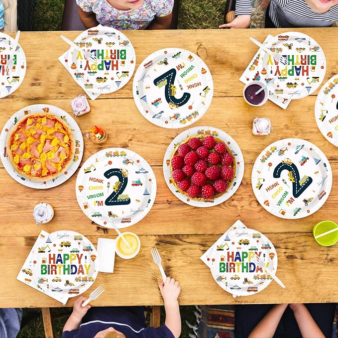 96Pcs 2nd Birthday Cars Party Supplies Transportation Theme Birthday Plates and Napkins Car Train Plane Sailboat Tableware Set for 2 Years Old Boy Vehicle Traffic Party Decorations Serves 24