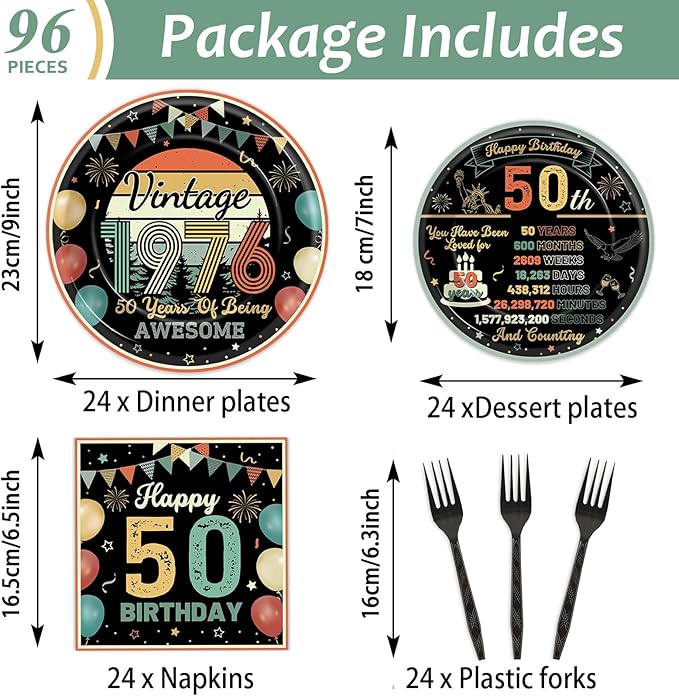 Wiooffen 96 Pcs Vintage 50th Birthday Party Plates Napkins Tableware Set Back in 1976 Supplies Disposable Dinnerware Colorful Cheers to 50 Years Decoration Favors for Women Men Party Favor, 24 Guests