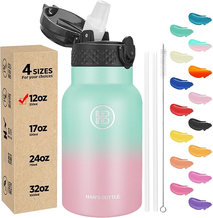 Han's Bottle Kids Water Bottle with Straw Lid - Insulated Stainless Steel Reusable Tumbler for Girls,Boys,Thermo Mug,12oz,Bubble Gum