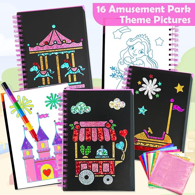 FUNNYB&G Foil Art Crafts for Kids Ages 4-8: Mother's Day 2026, Birthday Gift for Girls, Art and Crafts Supplies, Party Favors, Creative Toys for Girls 4 5 6 7 8 9 Years Old(Amusement Park)