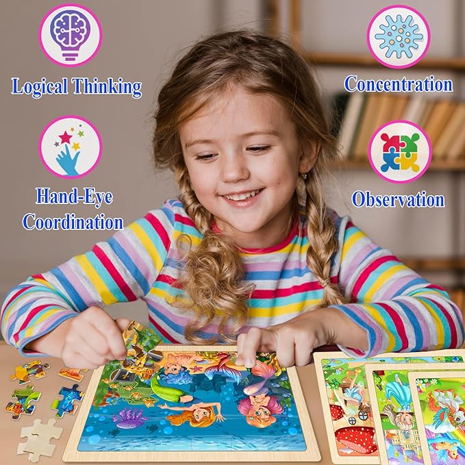 Wooden Puzzles for Kids Ages 4-6, 4 Pack with 24 Pieces Unicorn, Mermaid, Princess, Elf Wooden Puzzles for Toddlers Set, Educational & Learning Puzzles, Gifts for 3 4 5 6 Year Old Boys Girls