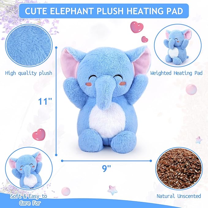 Elephant Microwavable Heating Pad-1.2lb Heating Pads for Cramps &Period Pain Relief for Women & Kids,Soft Pillow Plush Toy,Heatable Stuffed Animals, Bedtime Gift for Women Kids Stuffed Animals