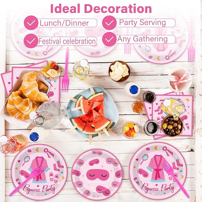 100 Pcs Pajama Party Paper Plates and Napkins Set Sleepover Party Decorations Supplies Girls Sleepover Tableware Favors for Spa Slumber Birthday Hot Pink Pajama Party Decorations Serves 25