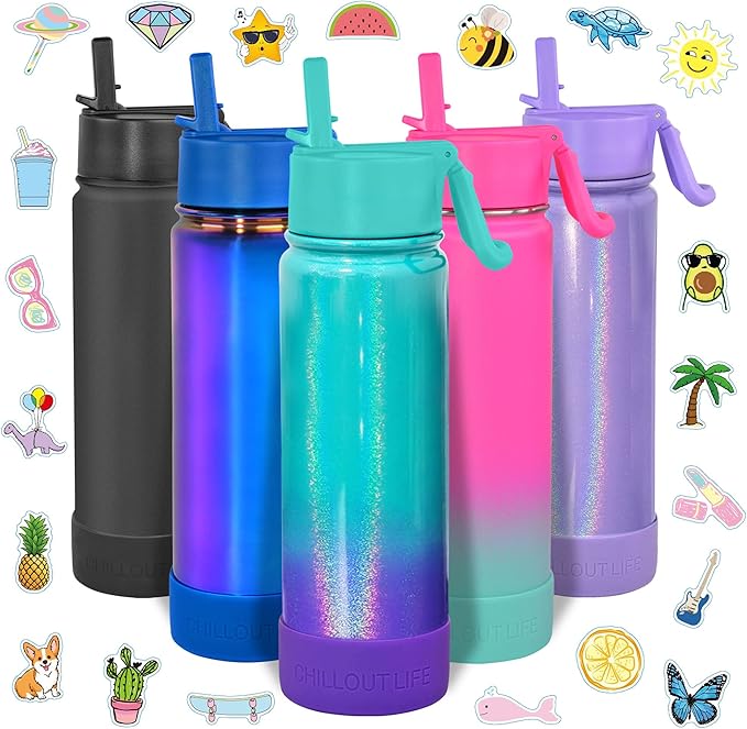 CHILLOUT LIFE 22 oz Kids Insulated Water Bottle for School with Straw Lid Leakproof and Cute Waterproof Stickers, Personalized Stainless Steel Thermos Flask Metal Water Bottle, Mermaid Sparkle