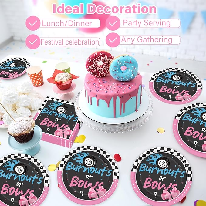 24 Guests Burnouts or Bows Gender Reveal Paper Plates Napkins Gender Reveal Party Decorations Baby Shower Party Supplies Disposable Dinner Tableware Set for Birthday Boys or Girls Serve 24