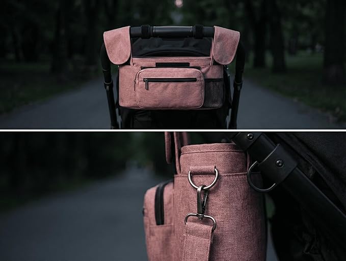 Stroller Organizer with Insulated Cup Holders - Universal Pink Baby Stroller Bag Caddy with Detachable Phone Pocket, Diaper Storage, Adjustable Straps for Uppababy, Doona, Baby Jogger, Britax