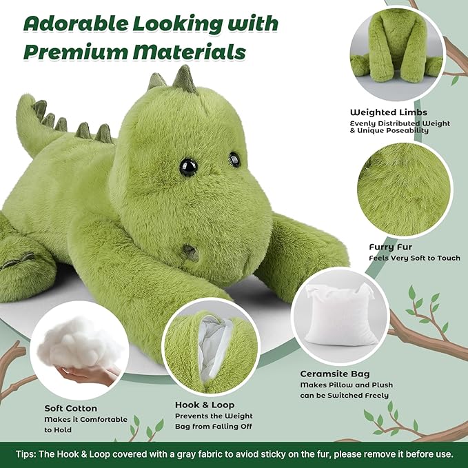 Bobbie & Laxi 16" & 4.5lbs Dinosaur Stuffed Animal, Sitting & Laying Weighted Stuffed Animals, Cuddly & Soft Weighted Dinosaur Plush for Adults & Kids, Dinosaur Gifts for Christmas & Valentine’s Day