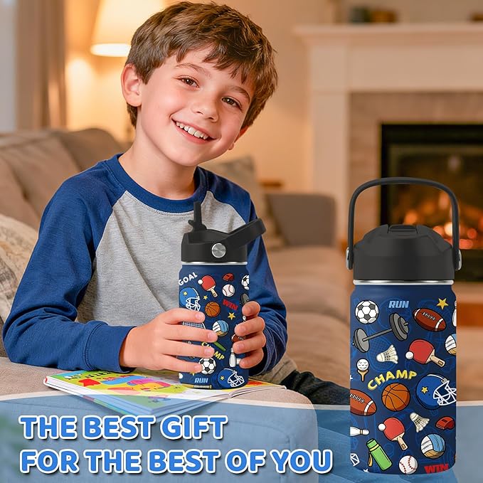 Sports Gifts for Men & Women - 12oz Water Bottle with Straw Lid, Stainless Steel Insulated Bottle, Leakproof, BPA-Free, for Her, School, Travel - Sport Lovers Birthday Gift Cup (1pc)