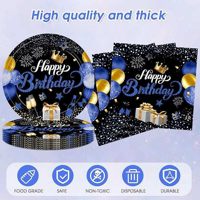 Blue and Black Birthday Decorations,Birthday Plates and Napkins Party Supplies Include Disposable Paper Plates Napkins Tablecloth,for Men Women Bday Party Dinner Decorations,Serves 20
