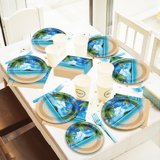 96Pcs Beach Party Plates and Napkins for Summer Tropical Birthday Party Supplies Hawaiian Beach Ocean Paper Dessert Plates Hawaiian Tropical Tableware Set for Kids 24 Guests Birthday Decorations