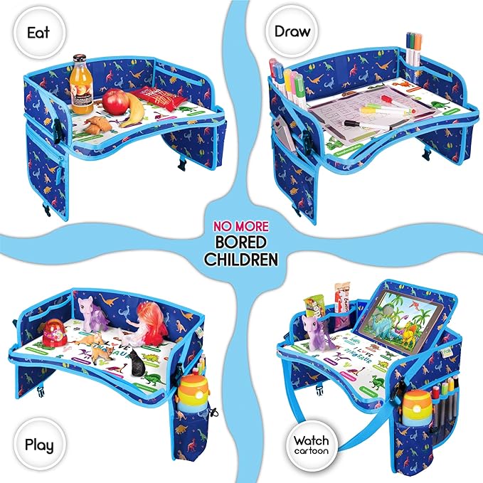 Kids Travel Tray - Waterproof Car Table with No-Drop Large Tablet Holder - Car Seat Tray - Road Trip Must Haves - Lap Desk Kids Organizer for Airplane - Toddler Travel Activities (Blue)