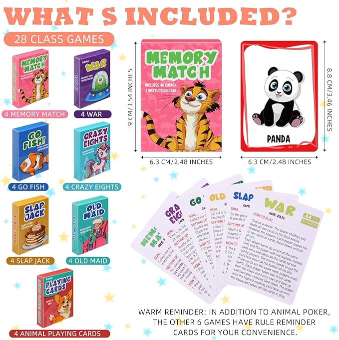 Zubebe 56 Pack Kids Card Games Gifts Bulk Classic Playing Card Game Set for Kids Includes Go Fish, Old Maid, Crazy Eights, Memory Match, Slap Jack, Playing Toy for Party Favors (Classic)