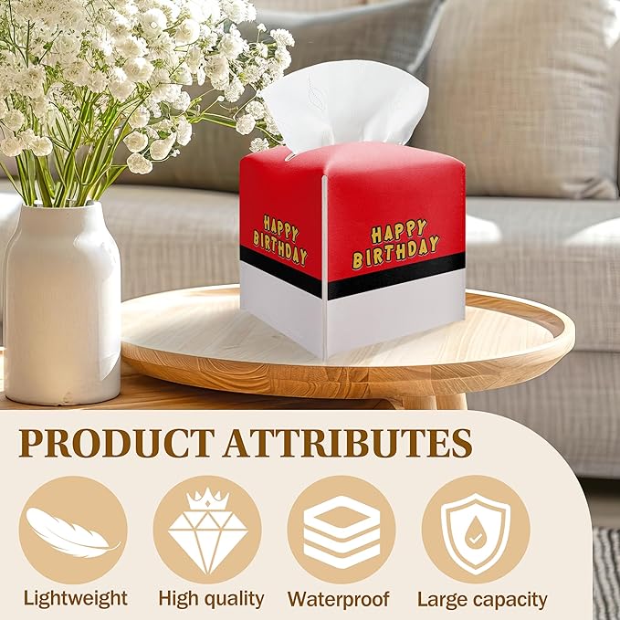 Happy Birthday Tissue Box Cover, Red and White Tissue Box Holder Square Leather Facial Paper Organizer, Themed Birthday Party Baby Shower Tableware Decorations