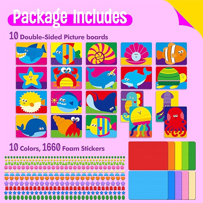 SpriteGru Foam Sticker Art Activity, 20 Marine Animals with 1660 Foam Stickers in 10 Colors Fun with DIY Activity Craft Kits Travel Game for Kids, Boys & Girls