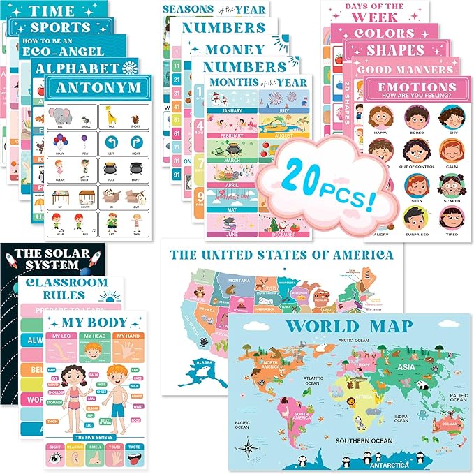 OpalPlat 20 Laminated Educational Posters for Toddlers 1-3, Preschool Classroom Posters, Kindergarten & PreK Learning Materials, Alphabet Number Chart Wall Decor