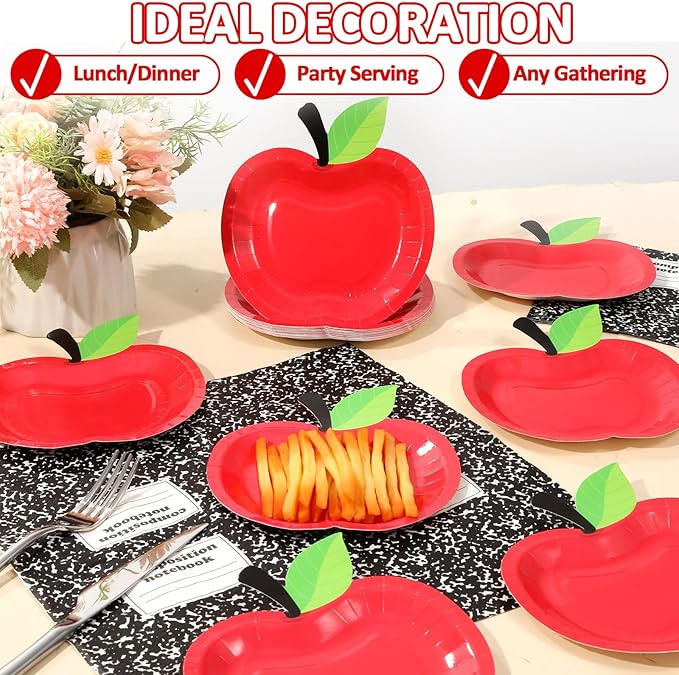 Back to School Party Supplies Serves 24 First Day of School Decorations Party Paper Plates Napkins Red Apple Composition Notebook Disposable Tablecloth Set Tableware Kit for Preschool Teacher Party