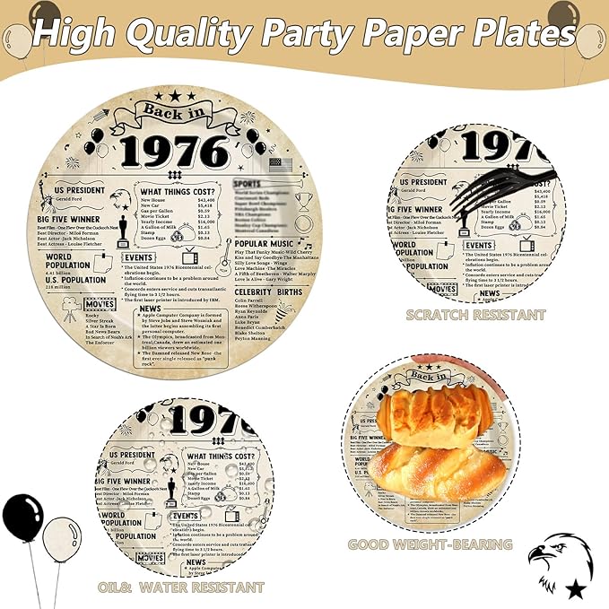 CHUNNIN 50pcs 50th Birthday Plates and Napkins 50th Birthday Party Decorations Vintage Back in 1976 Dessert Plates Vintage 1976 50th Theme Disposable Dinnerware for Men Women Party Supplies