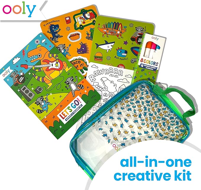 Ooly Let's Go Activity & Coloring Book Kit Complete with Markers, Stickers, Puzzles & More - Portable All in One Set - Robo Dinosaurs