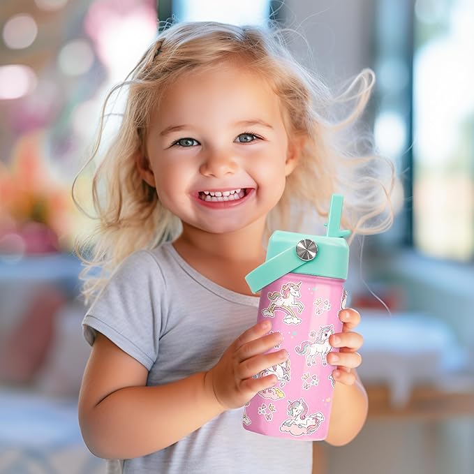 Unicorn Water Bottle - Kids Water Bottle with Straw Lid - 12 Oz Insulated Stainless Steel Water Bottles for Kid Girls - Travel Cup for School Sports