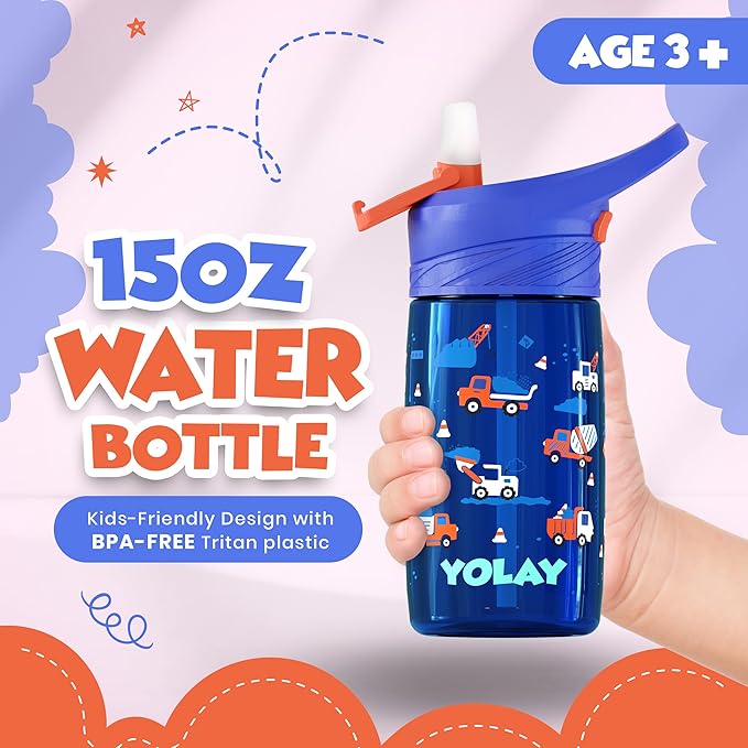 YOLAY 15oz Kids Water Bottle For School Boys and Girls, Durable Toddler Water Bottle with Straw Lid Leak-Proof, Spill Proof, Easy Clean and Dishwasher Safe with Re-Usable and BPA Free - Trucks