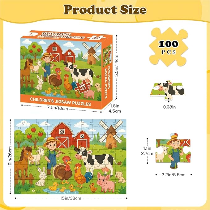 4-Pack 100 Piece Puzzles for Kids Ages 4-6 6-8 8-10, Farms Dinosaurs Seaworld Wildlife Kids Puzzles Ages 3-5 4-6 5-8 8-10, Learning Educational Kid Jigsaw Puzzles Gifts for Girls and Boys (15x10 in)