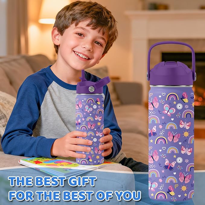 Butterfly Gifts - 18oz Purple Kids Water Bottle with Straw Lid, Stainless Steel Insulated Bottle, Leakproof, BPA-Free, for Girls, School, Travel - Butterfly Rainbow Themed Birthday Gift Cup (1pc)