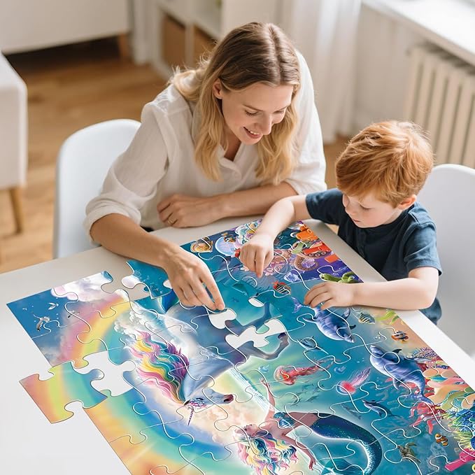 Jumbo Floor Puzzle for Kids Ages 4-8, 48-Piece Unicorn and Mermaid Underwater Jigsaw Puzzle, Large Educational Toys for Toddler Girls and Boys, Easter Gift for 3-5 Year Olds