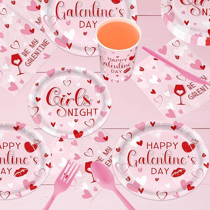 168pcs Galentines Day Paper Plates Napkins Pink Party Supplies Cups Disposable Tableware For Women Girls Galentines Day Decorations Serve 24 Guests