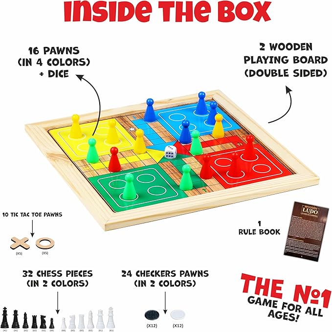 Ankit Toys & Games 5-in-1 Wooden Board Game Set Includes Ludo, Snakes & Ladders, Chess, Checkers, and Tic Tac Toe. Portable Fun for Kids, Adults and Family Game Nights | 2 Reversible Boards