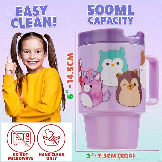 Get Trend Squishmallows Kids Water Bottle with Straw 16.9 oz BPA Free Plastic Cup with Lid Handle Reusable Tumbler for School Gifts for Kids (Lilac Squishmallows)