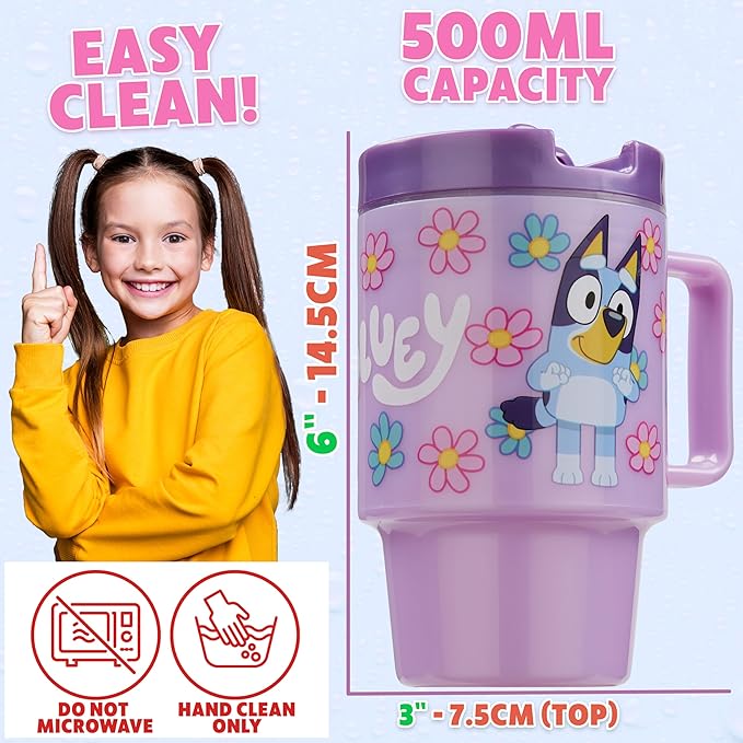 Get Trend Bluey Kids Water Bottle with Straw 16.9 oz BPA Free Plastic Cup with Lid Handle Reusable Drinking Tumbler for School Gifts for Kids (Purple Bluey)