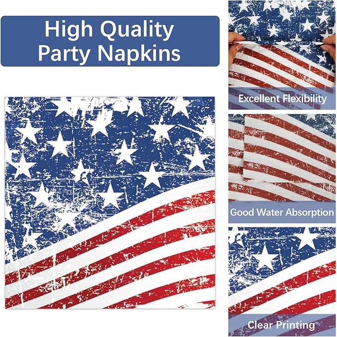 Qyeahkj 100 Pcs 4th of July Party Plates and Napkins Tableware Set American Flag Birthday Party Dinnerware Supplies Patriotic Favors Independence Memorial Day Decorations for Serve 25