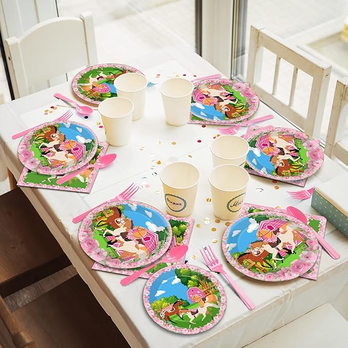 96 Pcs Horse Party Plates Napkins Tableware Set Kentucky Birthday Party Supplies Derby Disposable Paper Dinnerware Pink Cowgirl Western Theme Table Decoration Favors for Girls Baby Shower, 24 Guests