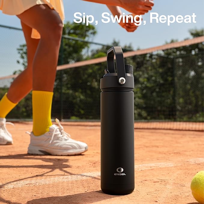 ENCOOL Insulated Water Bottle with Straw Stainless Steel Water Bottle, Leak-Proof, BPA-Free, Double Wall Vacuum Keeps Cold for 24 Hours for Sports, Travel, School (18 oz, Black Night)