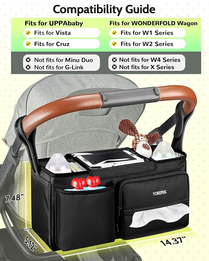 YOREPEK Spacious Stroller Caddy Fits for UPPAbaby Vista/Minu/Cruz, Adjustable Stroller Organizer with 2 Insulated Cup Holders, Easy-clean Stroller Bag for Travel, Walks, Accessories, Baby Essentials