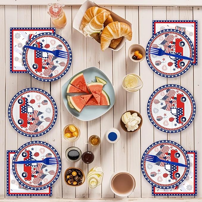 72 Pcs Patriotic Paper Plates American Flag Party Dessert Plates Napkins Forks Tableware Set Disposable Party Decoration Supplies for Labor Day 4th of July Independence Day Election Day, Serve 24