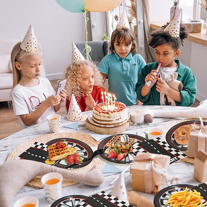 CANREVEL 96 PCS Race Car Birthday Party Plates Serve 24, Racing Car Plates and Napkins Forks Set, Disposable Tableware for Race Cars Party Supplies Decorations, Race Car Plates for Boys Kids Men