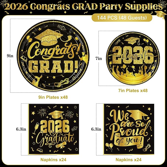 144Pcs 2026 Graduation Plates and Napkins for 48 Guests, Black and Gold Congrats Grad Party Supplies, Class of 2026 Disposable Paper Plates Napkins Forks for Graduation Party Decorations