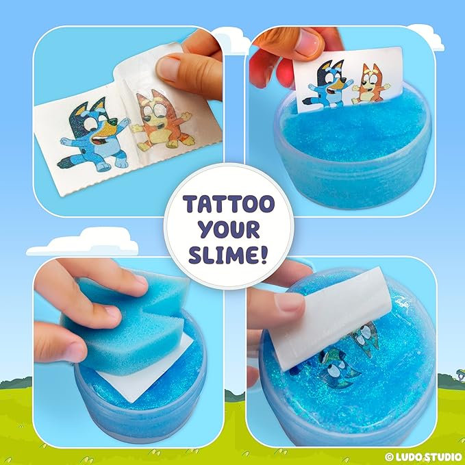 SLIMYGLOOP Tattoozee, Bluey Tattoo Transfer Slime Kit, Sensory Play for Kids Ages 6+, Cotton Candy Scented, Glitter Texture