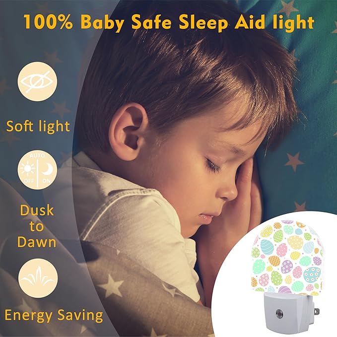 Easter Eggs and Flowers Night Light for Kids,Colorful Easter Eggs Daisies Plug in Night Light with Dusk to Dawn Sensor, 0.5w Energy Saving Nightlight for Hallway Stairway Kitchen Bedroom