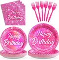 96Pcs Hot Pink Birthday Party Supplies Disco Rainbow Pastel Holographic Plates and Napkins Tableware Sets Hot Pink Iridescent Decoration Favors for Girls Princess Mermaid Disco Themed Party Serves 24