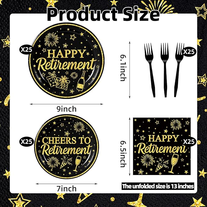100 Pcs Happy Retirement Tableware Party Supplies Set, Serves 25 – Disposable Black and Gold Paper Plates, Napkins, and Forks, Cheers to Retirement Dinnerware Party Decorations