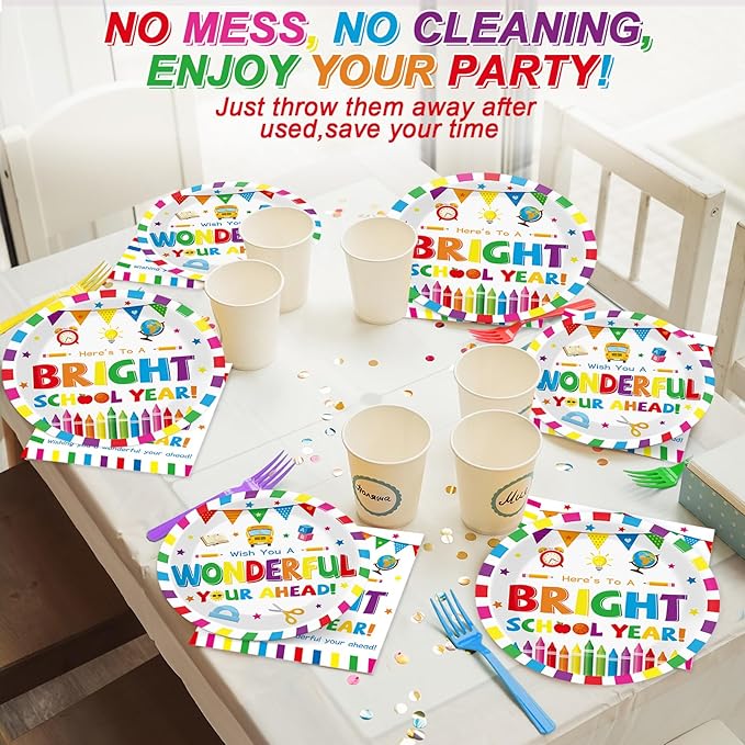 100PCS Back To School Decorations School Season Supplies Paper Plates Napkins Disposable White Bottom Colorful Pattern Tableware Dinnerware for Student Birthday Picnic First Day of School Serves 25