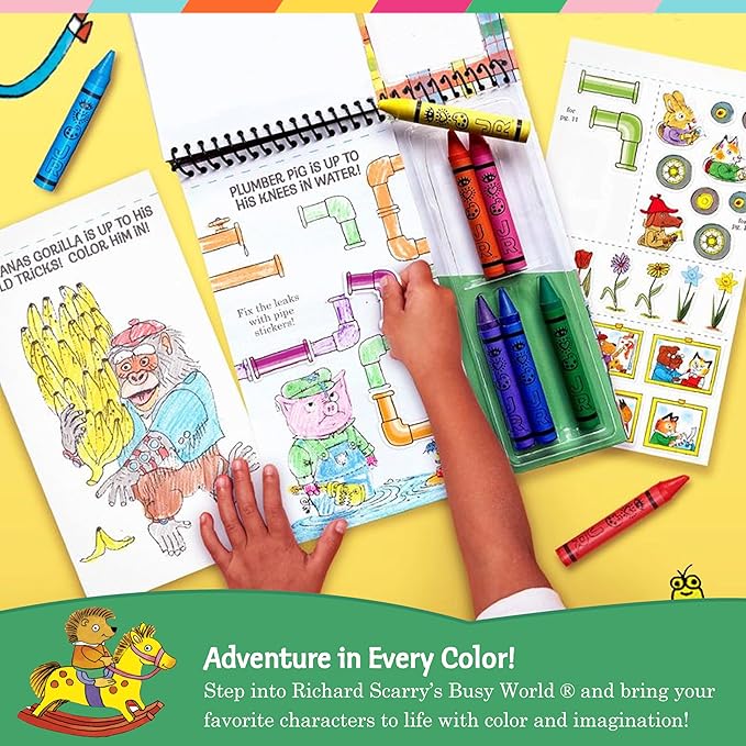 Bright Stripes Richard Scary Busy World Art on the Go Travel Coloring Kit for Kids Ages 3+ | Coloring & Sticker Activity Set with Crayons | Screen-Free Creative Fun for Toddlers & Young Children