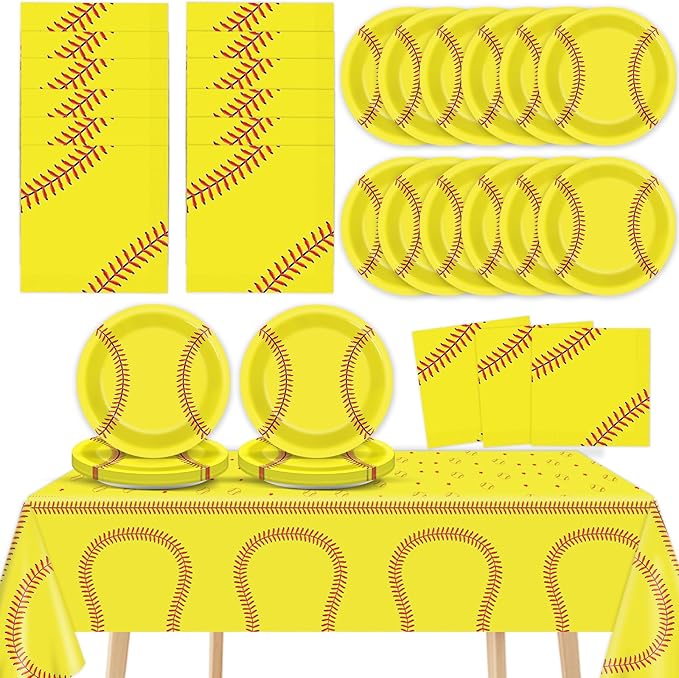 Qyeahkj 24 Guests Softball Party Decorations Paper Plates and Napkins Tablecloth Set Softball Disposable Birthday Party Tableware Dinnerware Supplies for Table Dinner Kids Birthday Party Decor