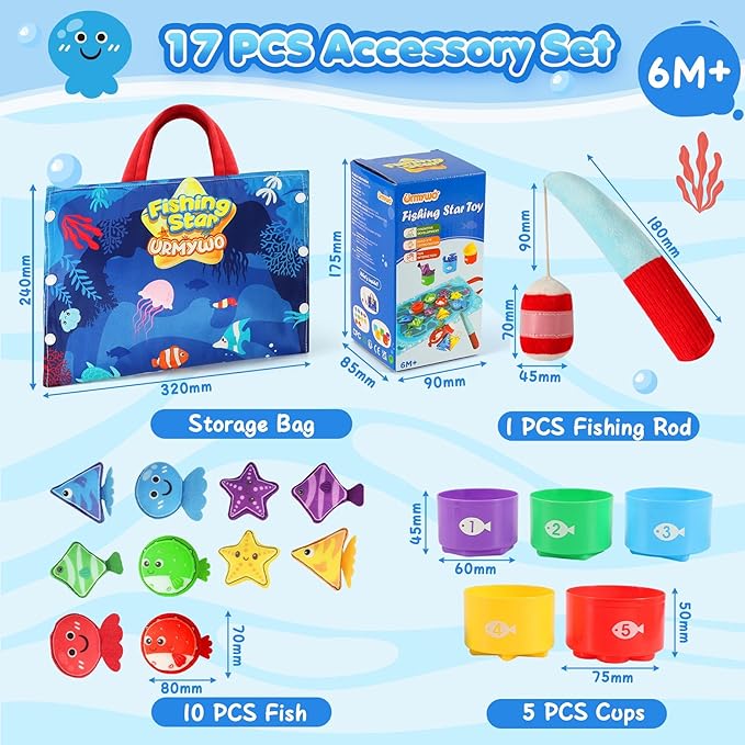 Montessori Toys for 1 Year Old Boy Girl Birthday Gift, 17 in 1 Cloth Fishing Game with Stacking Cups, Color Sorting, Shape Matching, Early Learning, Toddler Toys Gifts for 1 2 Years Old Boy Girl