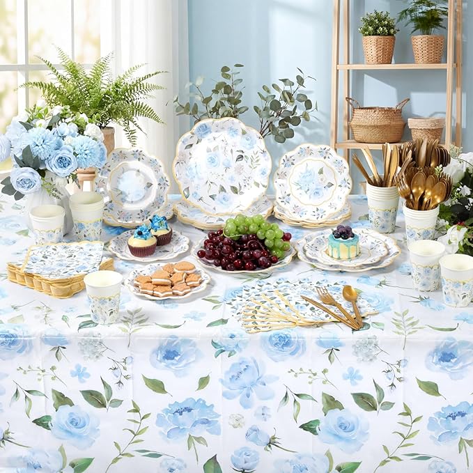 Pickmesh 194 Pcs Blue Floral Party Supplies for 24 Guests, Spring Floral Paper Plates and Napkins Cups Tablecloth Cutlery for Women Birthday Tea Bridal Shower Garden Party Supplies
