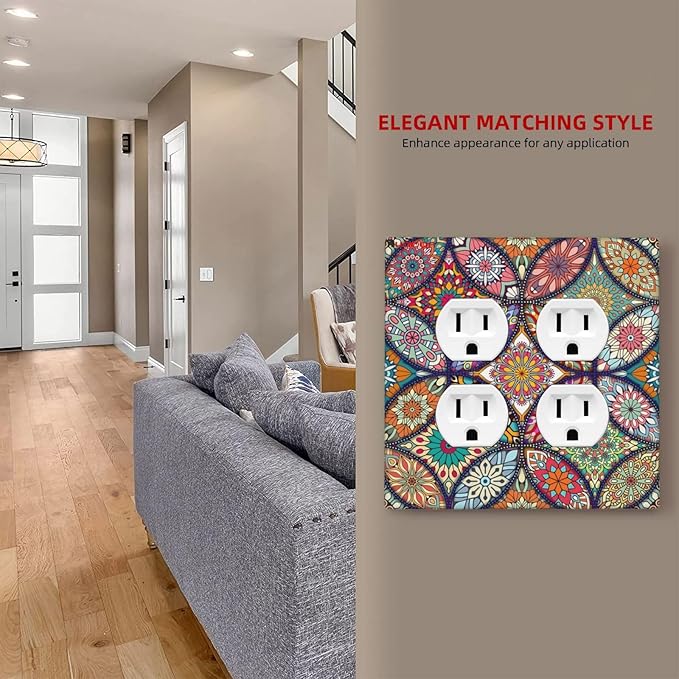 Boho Floral Pretty Colorful Mandala Flowers Outlet Covers 2 Gang Double Duplex Decorative Light Switch Covers Electrical Wallplates Socket Faceplate for Bedroom Living Room Decor