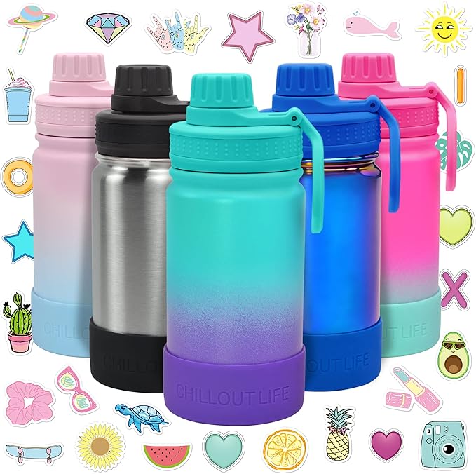 CHILLOUT LIFE 12 oz Kids Insulated Water Bottle for School with Leakproof Spout Lid and Cute Waterproof Stickers, Personalized Stainless Steel Thermos Flask Metal Water Bottle for Girls & Boys